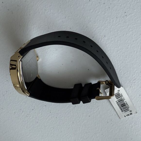 GUESS Men's Phoenix Black Leather & Silicone Flex Strap Gold Case Watch 43mm - Picture 3 of 5